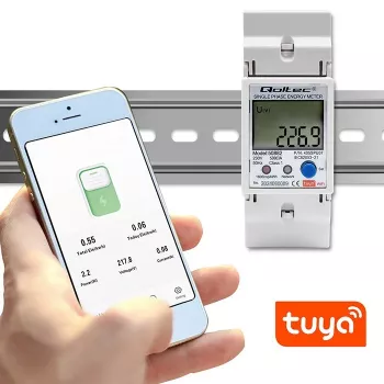 Contador de consumo de energia eletrónico monofásico Qoltec 50882 para calha DIN | Wi-Fi | TUYA | 230V | LCD