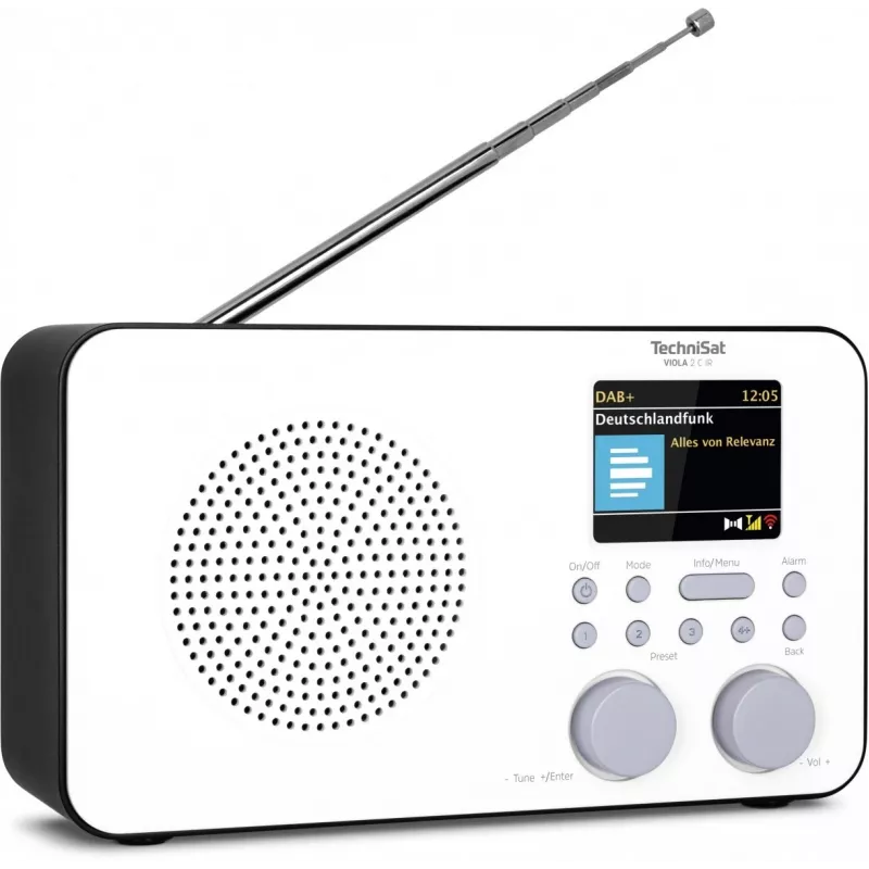 Rádio de internet TECHNISAT VIOLA 2 C IR — sintonizador analógico e digital, DAB+/FM, Wi‑Fi, 3 W, TFT 2,4 polegadas, 3,5 mm, preto/branco