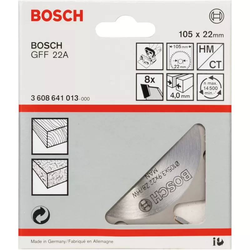Bosch 3608641013 fresa de ranhuras, 105 x 22 mm, 8 dentes, para GFF 22 A