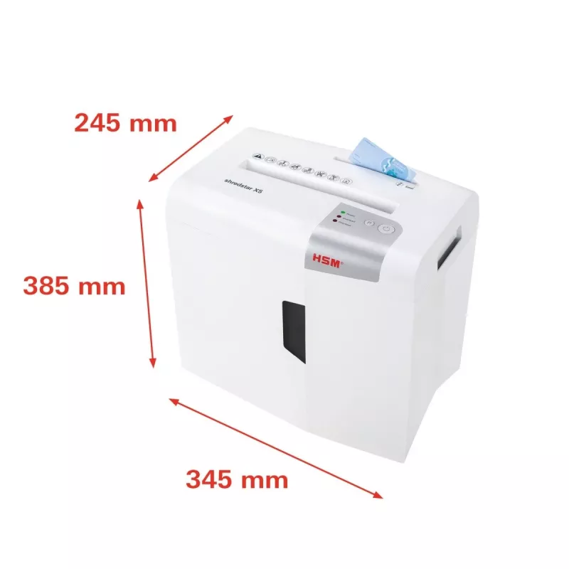 Destruidora de documentos HSM X5 corte em partículas P-4, 22 cm de largura de trabalho, partículas de 4,5 mm, capacidade de 5 folhas, depósito de 18 l