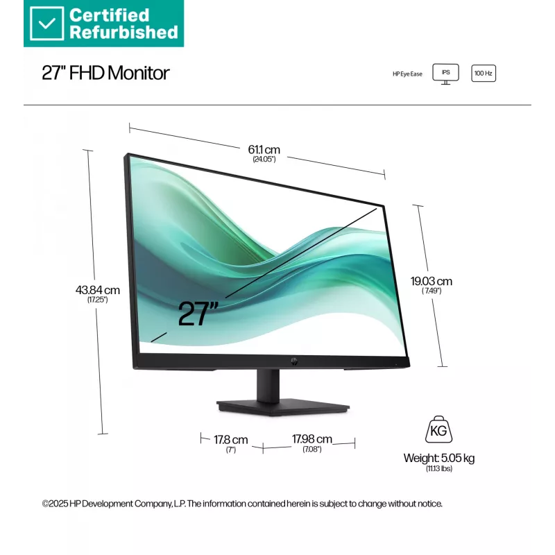 RENEW SILVER Monitor HP 327pf Series 3 Pro FHD - 27 polegadas 1920x1080 FHD 250-nit 100Hz AG, IPS, HDMI/VGA/DisplayPort, inclinável, 1 ano de garantia