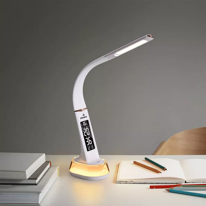Candeeiro de secretária Hawk HW-LAMP05 branco LED ajustável — candeeiro de trabalho LED compacto com braço ajustável