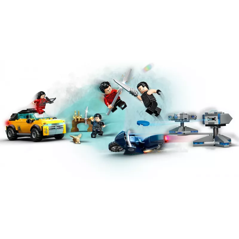 Conjunto LEGO Marvel Fuga dos Dez Anéis 76176 com minifiguras e veículos
