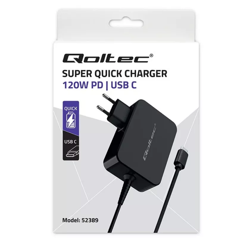 Carregador rápido turbo Qoltec PD 120W | 5-28V | 3-4.5A | USB-C | Preto