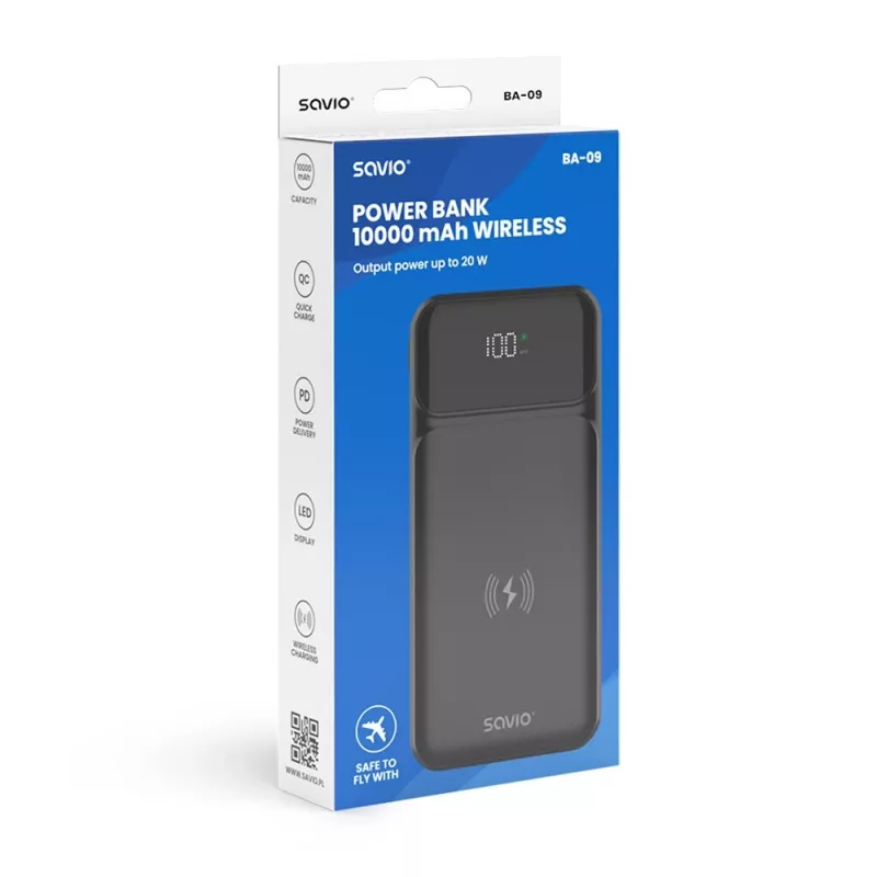Power bank sem fios Savio BA-09, 10000 mAh, preto
