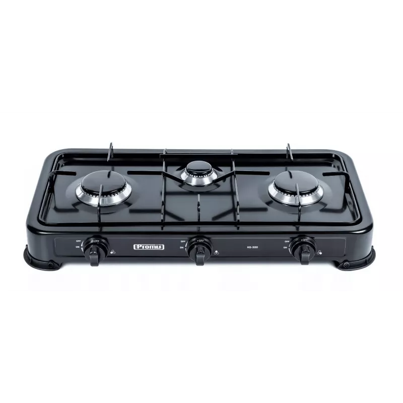 Fogão a gás PROMIS KG300C, 3 bicos, botões manuais, bacia de cozedura preta, 580×310×110 mm
