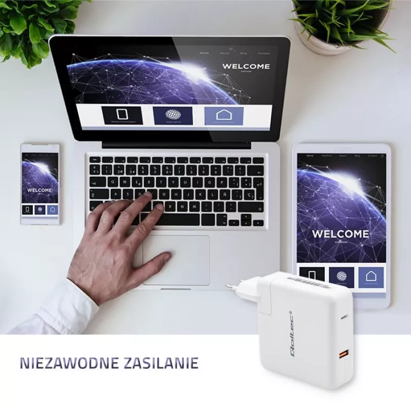 Carregador GaN Qoltec FAST 108W | 5-20V | 3-4.7A | USB C | branco