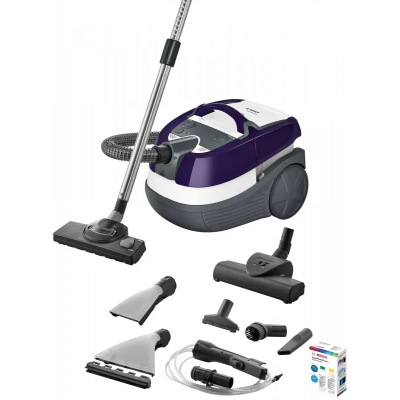 Aspirador de água e pó Bosch BWD 41740 AquaWash&Clean — 1700 W, depósito de 5 litros, filtro EPA, tubo telescópico, raio de 9 m, roxo