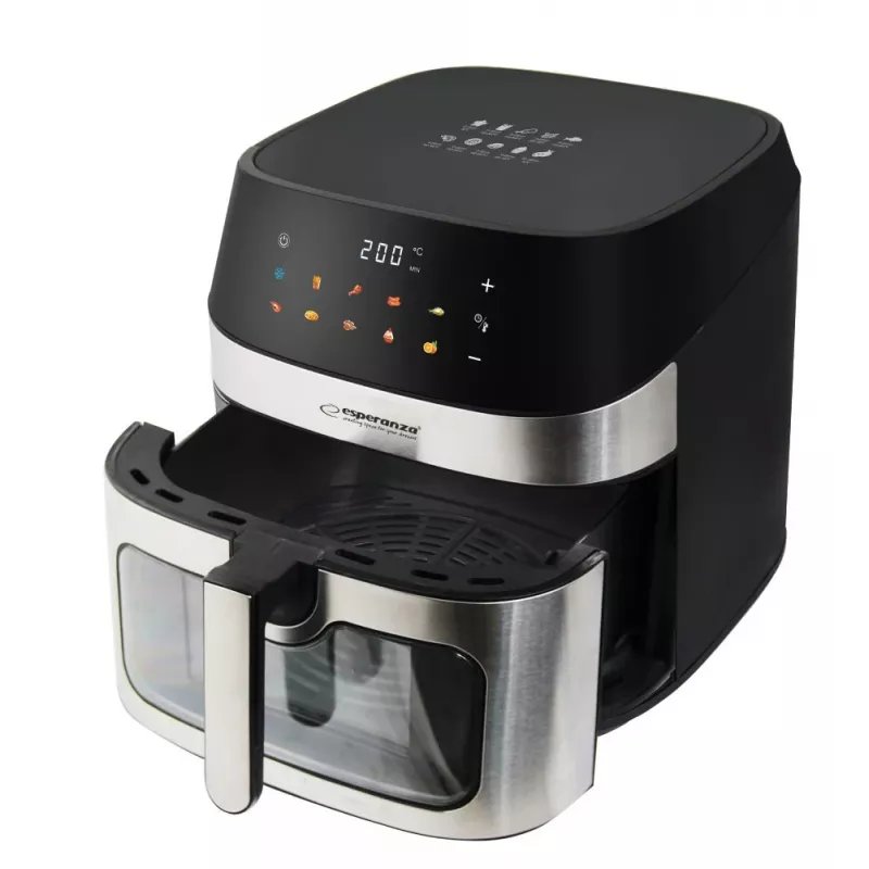 Fritadeira de ar quente ESPERANZA EKA005, capacidade de 8 L, 1600 W, controlo tátil, 10 programas, aço inoxidável, preto