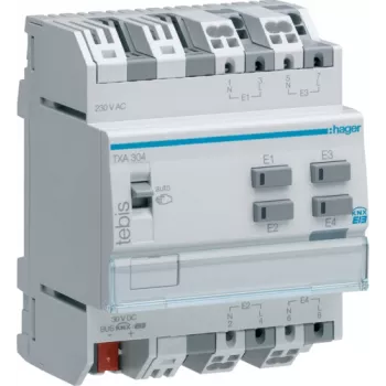 Módulo de I/O digital/analógico Hager TXA304 — entrada digital, 4 canais, 21–32 V DC, até 230 V, 50–60 Hz