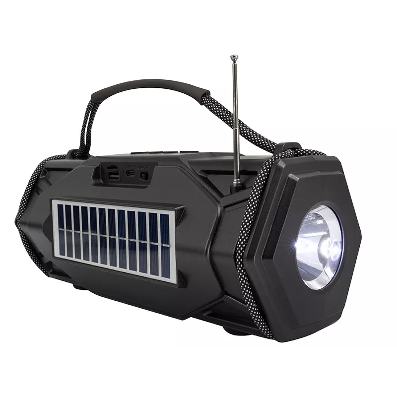 Tracer Explorer TRAGLO47616 coluna Bluetooth portátil, TWS, Bluetooth 5.3, 15 W RMS, rádio FM, lanterna, painel solar, powerbank de 1800 mAh, microSD, preta