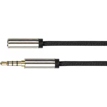 Cabo de extensão de áudio de alta qualidade, ficha jack 3,5 mm de 4 polos para conector fêmea jack, revestimento têxtil, preto, 1 m, Série PYTHON® (GC-M0237)
