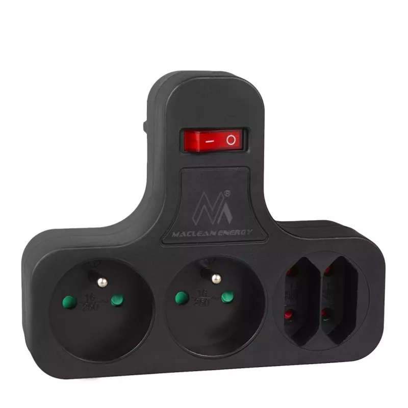 Maclean tomada elétrica, quádrupla com interruptor, pé de estabilização, tipo E, 2x2,5A, 2x16A, MCE224 E/B