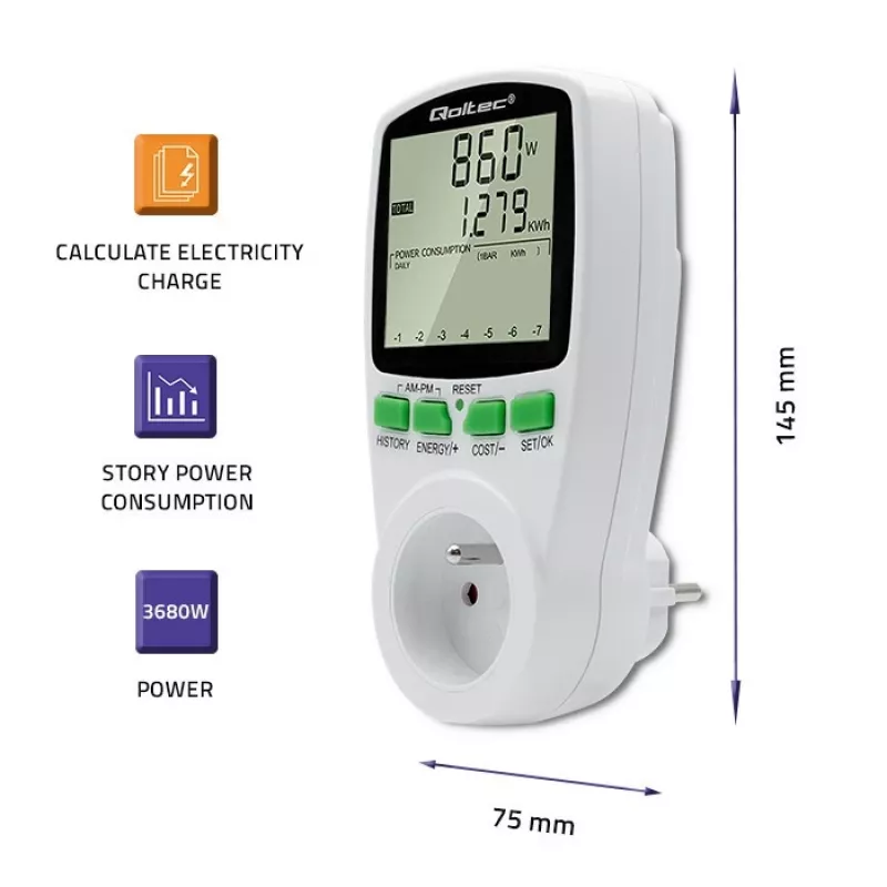 Medidor de potência QOLTEC PM0627 3680W com histórico — QOLTEC PM0627 3680W