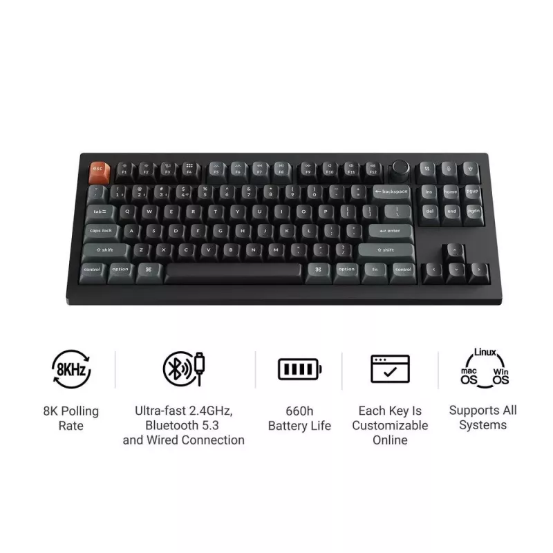 Teclado mecânico Keychron V3 Ultra 8K – cabo e Bluetooth, QWERTY, RGB, preto