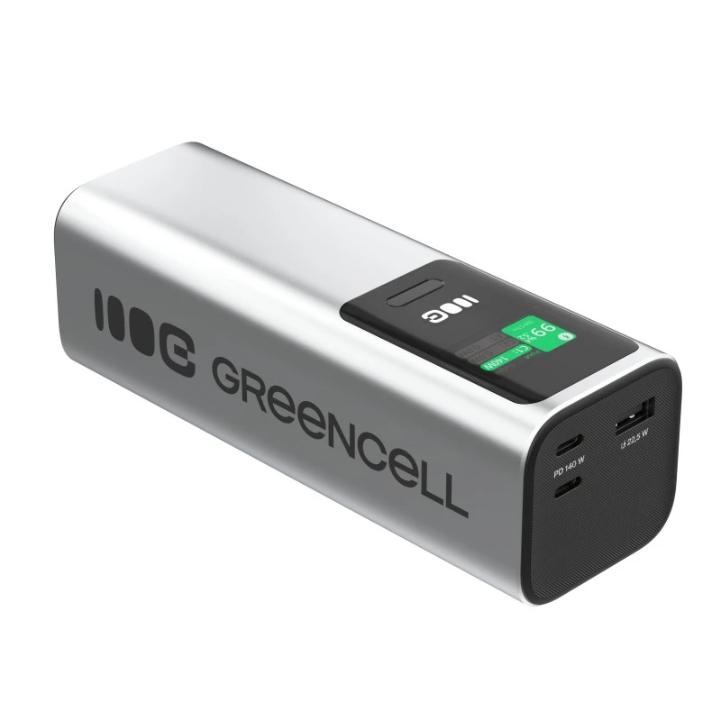 Bateria portátil Green Cell PBGC25UD, 25200 mAh, Li-Ion, 140 W de potência total, 2× USB-C + 1× USB-A, ecrã OLED, caixa em alumínio