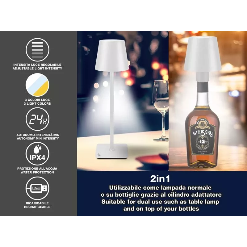 Beper P201UTP119 candeeiro de mesa LED recarregável, 1,5 W, interruptor tátil, regulável, adaptador para garrafa de 33 mm, resistente à água, prateado