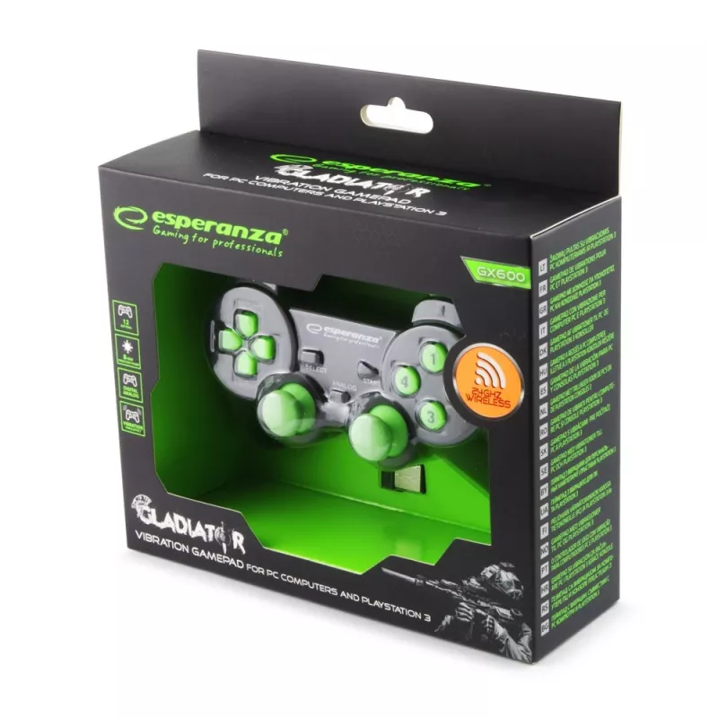 Esperanza Gladiator EGG108G gamepad sem fios, 2,4 GHz, PC/PS3, preto/verde