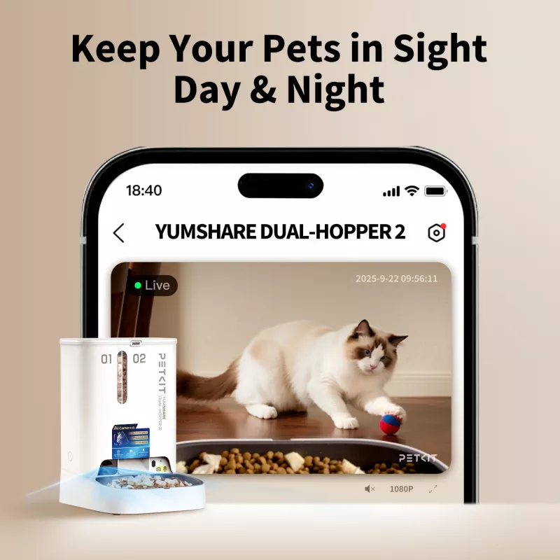 Comedouro automático PETKIT YumShare Dual-hopper 2 com câmara, capacidade de 5 L, ABS e aço inoxidável 304, branco