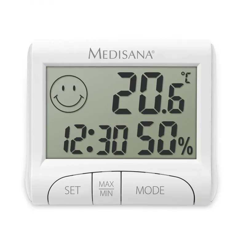 Higrómetro interior eletrónico Medisana HG 100 — termómetro digital, humidade do ar 20–90 %, temp. -10–50 °C, ecrã de mesa, pilha AAA