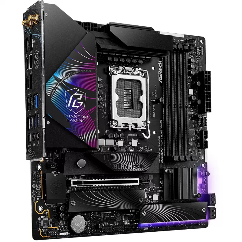 ASRock Phantom Gaming Z890M Riptide WiFi placa-mãe, Intel Z890, LGA1851, micro ATX, DDR5, até 256 GB, Wi-Fi 6E, Bluetooth, LAN 5GbE, USB4