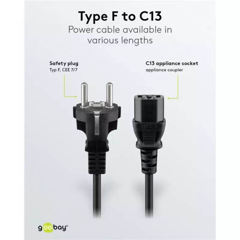 Cabo IEC Goobay 5 m preto ficha de rede tipo F IEC C13 H05VV-F3G