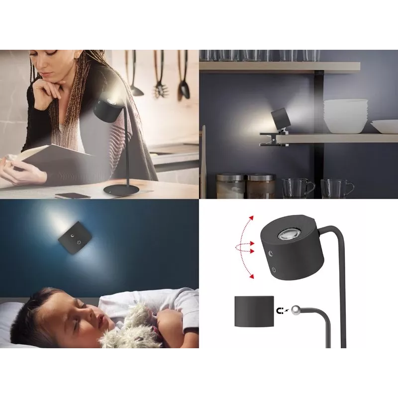 Beper P201UTP304 candeeiro LED recarregável com base magnética, mola e suporte de parede, 2,3 W, regulável, preto