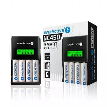 Carregador de baterias everActive NC450B — carregador de 4 células AAA, 110/230V AC, preto