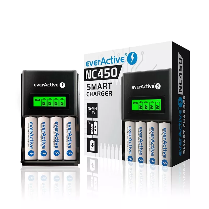 Carregador de baterias everActive NC450B — carregador de 4 células AAA, 110/230V AC, preto