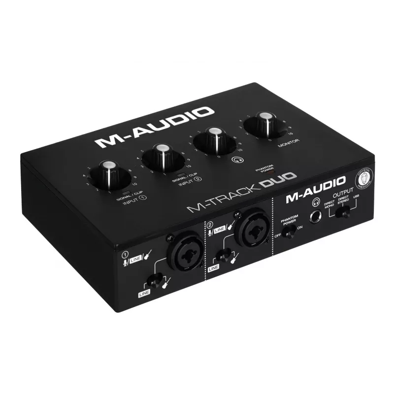 Interface de áudio M-Audio M-Track Duo — USB 2-in/2-out, 16-bit/48 kHz, 1x XLR/TS combo, 1x entrada de instrumento, alimentação fantasma 48V