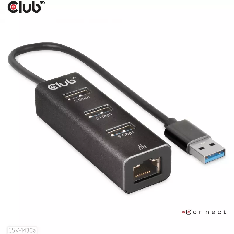 Hub USB CLUB3D USB 3.2 Gen1 Type-A com 3 portas e Gigabit Ethernet