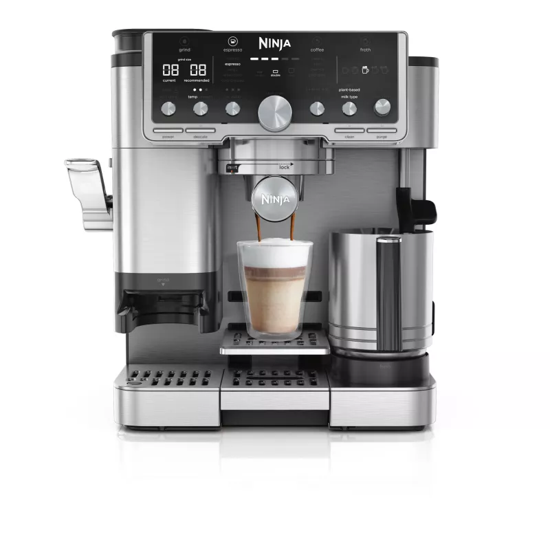 Máquina de café expresso Ninja ES701EU – café/expresso semiautomático, moinho integrado, depósito de água 2 l, 1650 W, 25 níveis de moagem, recipiente de leite, bomba de 14 bar