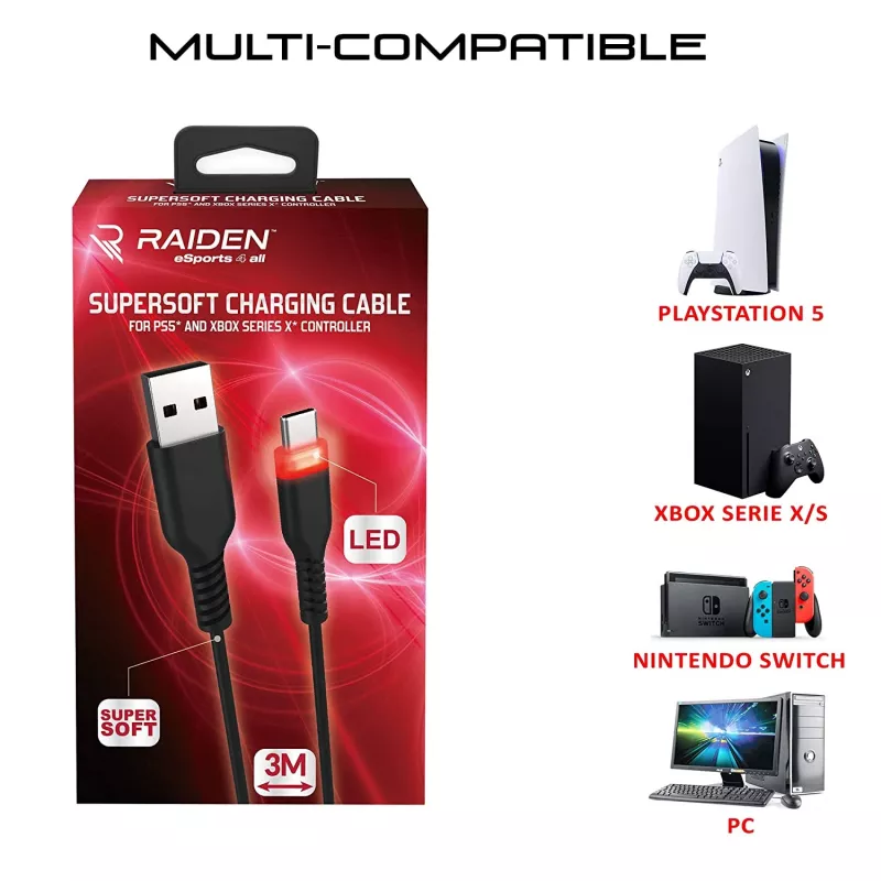 Cabo de carregamento USB-C SUBSONIC SA5601 3 m – compatível com PS5, Xbox, Nintendo Switch