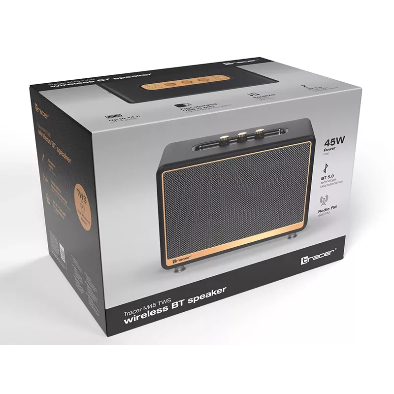 Altifalante estéreo portátil TRACER M45 Preto — Bluetooth 5.0, 45 W RMS, rádio FM, microfone incorporado, alimentado por pilhas