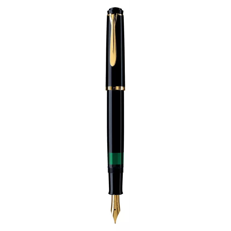 Pelikan M200, preto, dourado, sistema de enchimento integrado, resina, dourado, aparo itálico, dourado, aço inoxidável
