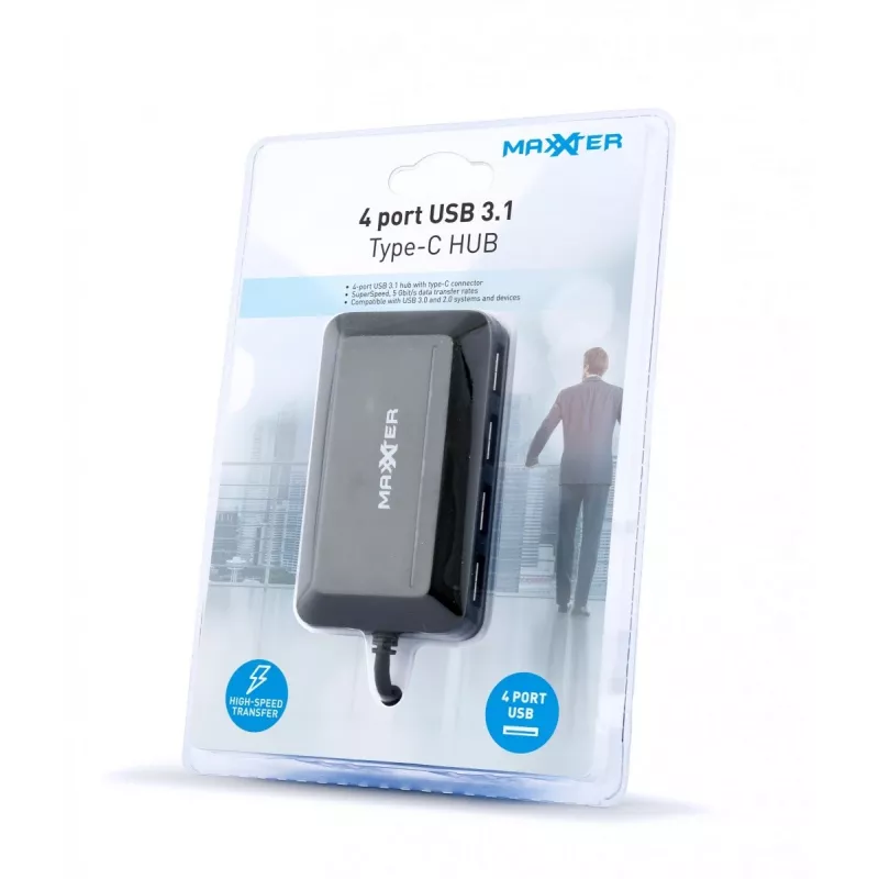 Hub USB GEMBIRD ACT-HUB3C-4P — host USB 3.2 Gen 1 Type-A para 4 × USB 3.2 Gen 1 Type-C, 5000 Mbit/s, preto