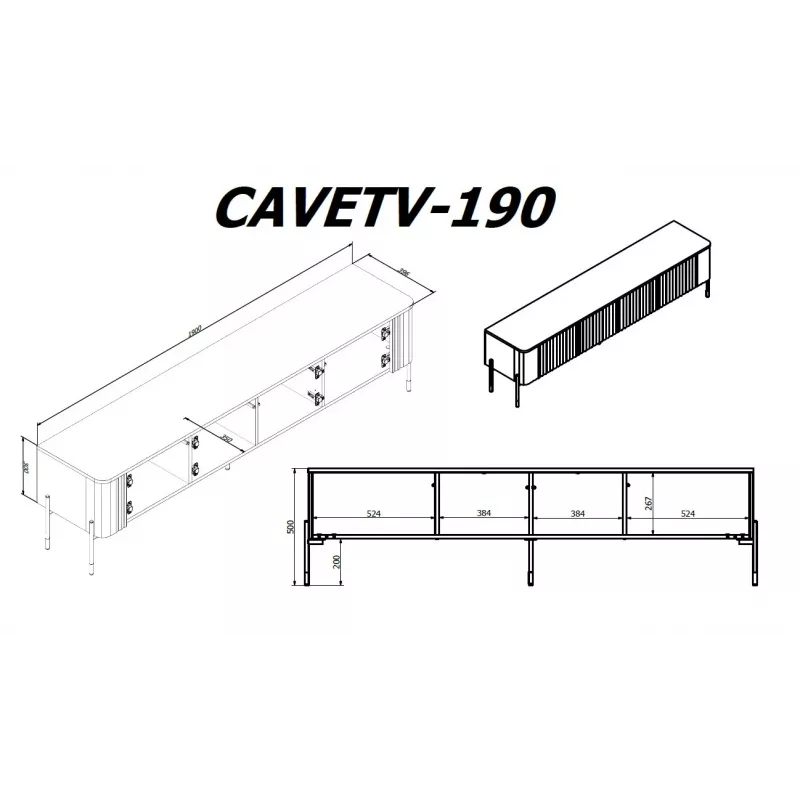 Móvel TV cama meble VERA 190x40x50 cm – tampo e estrutura preto mate