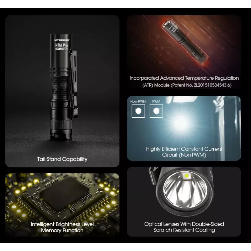 Lanterna de mão Nitecore MT1A Pro — LED 50 lm, recarregável por USB, 1100 mAh, alumínio, à prova de água, resistente a choques, preto