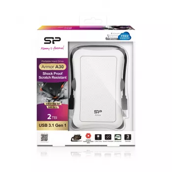 Disco externo Silicon Power Armor A30 2 TB 2,5 polegadas USB 3.2 Gen 1, branco, resistente a choques, AES de 256 bits
