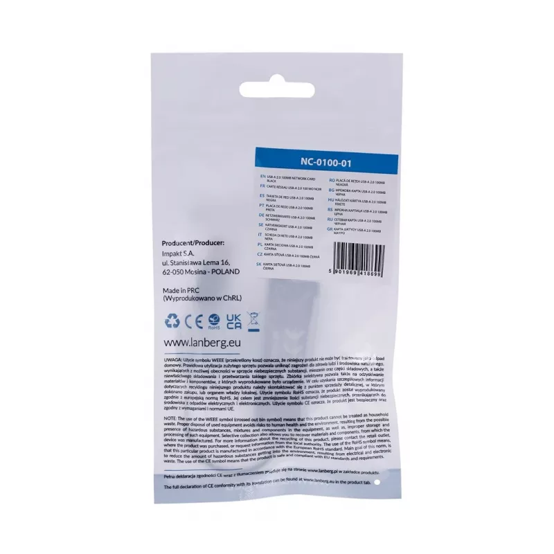 Adaptador de rede Lanberg NC-0100-01 USB 2.0 para RJ45 100 Mbit, cabo de 0,15 m