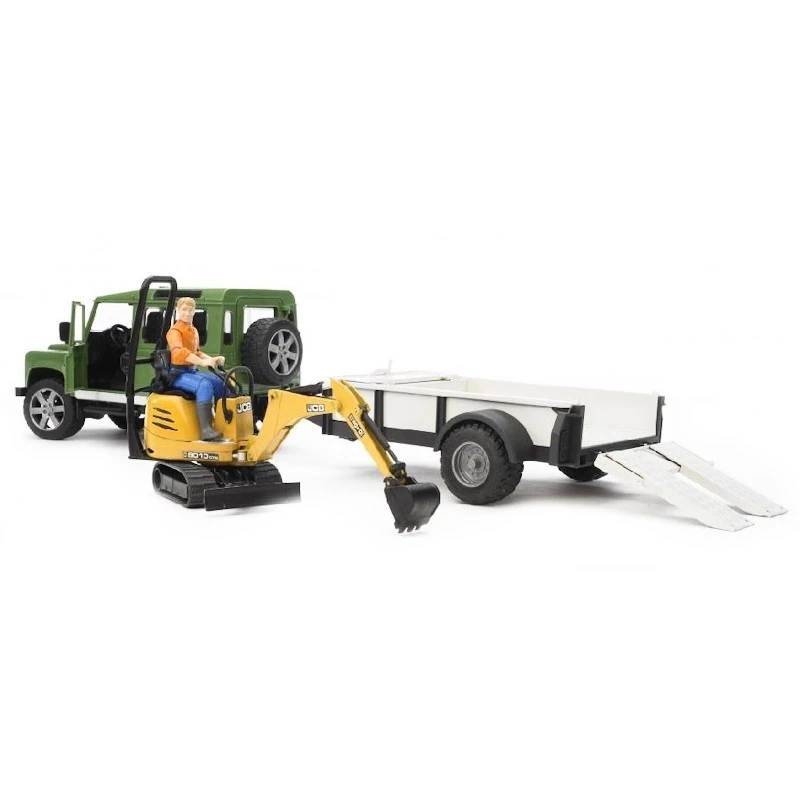 BRUDER Land Rover Defender com atrelado CAT e figura, veículo de brinquedo
