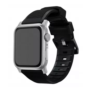 Pulseira Nomad Rugged Strap preta conector prateado para 42/44/45/49 mm