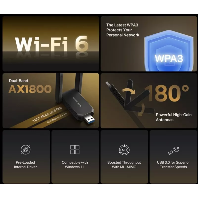 Adaptador USB Wi-Fi MERCUSYS MA72XH AX1800 com antenas High-Gain, USB-A Plug-and-Play