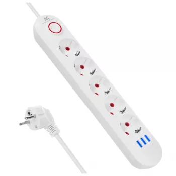 Extensão elétrica MACLEAN MCE395 W — 5 tomadas, 3× USB A, 110–240 V AC, 2,1 A USB, máx. 2500 W, branco, cabo de 1,5 m