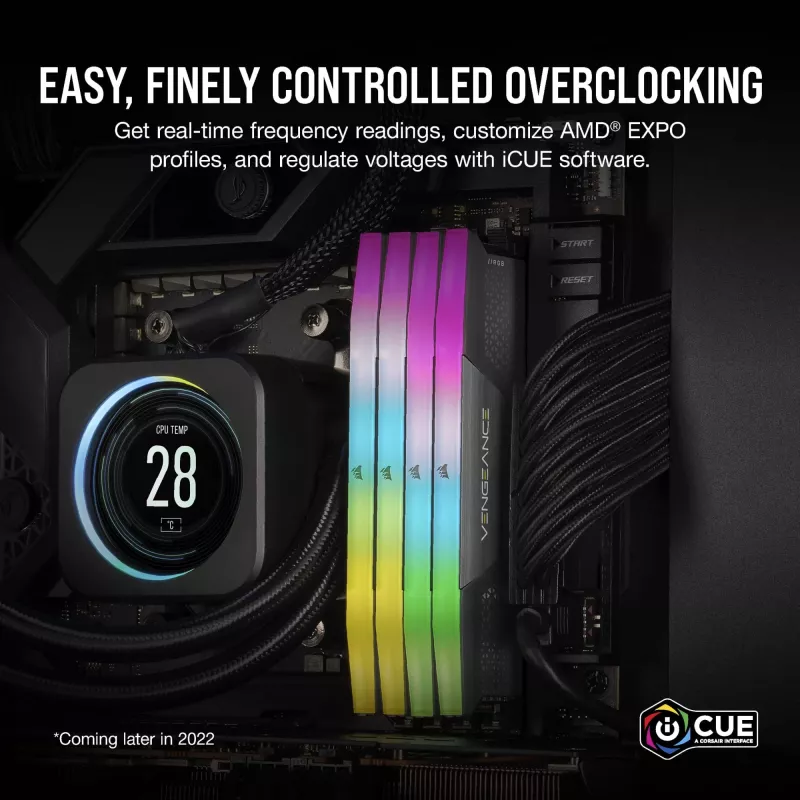 CORSAIR VENGEANCE RGB 32GB 2x16GB DDR5 6000MT/s DIMM Unbuffered 36-44-44-96 Std PMIC AMD EXPO dissipador cinzento PCB preto 1.4V