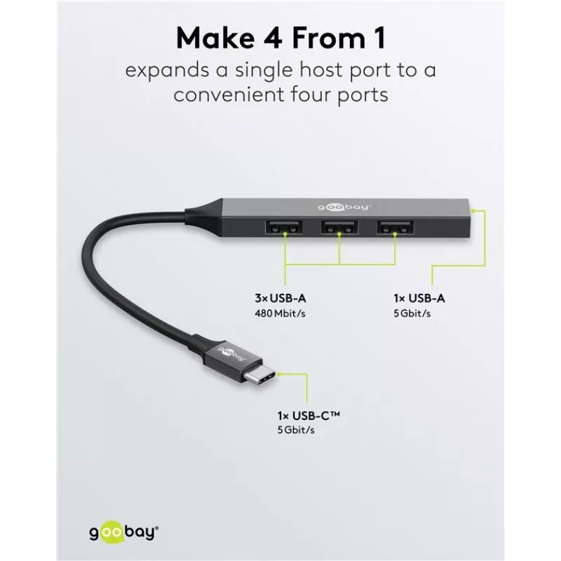 Hub USB Goobay Slim 4 portas, USB-C™ para USB-A, USB 3.2 (74457)