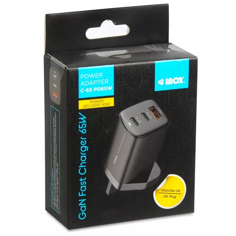 iBOX C-65 preto, carregador universal GaN 65 W com ficha UK