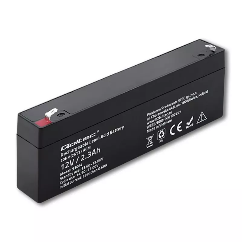 Bateria AGM selada QOLTEC 12V 2,3Ah para sistemas UPS e de backup, descarga máx. 34,5A