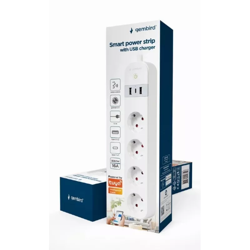 Régua de tomadas inteligente Gembird TSL-PS-S4U-01-W 4 tomadas AC 3880 W Branco