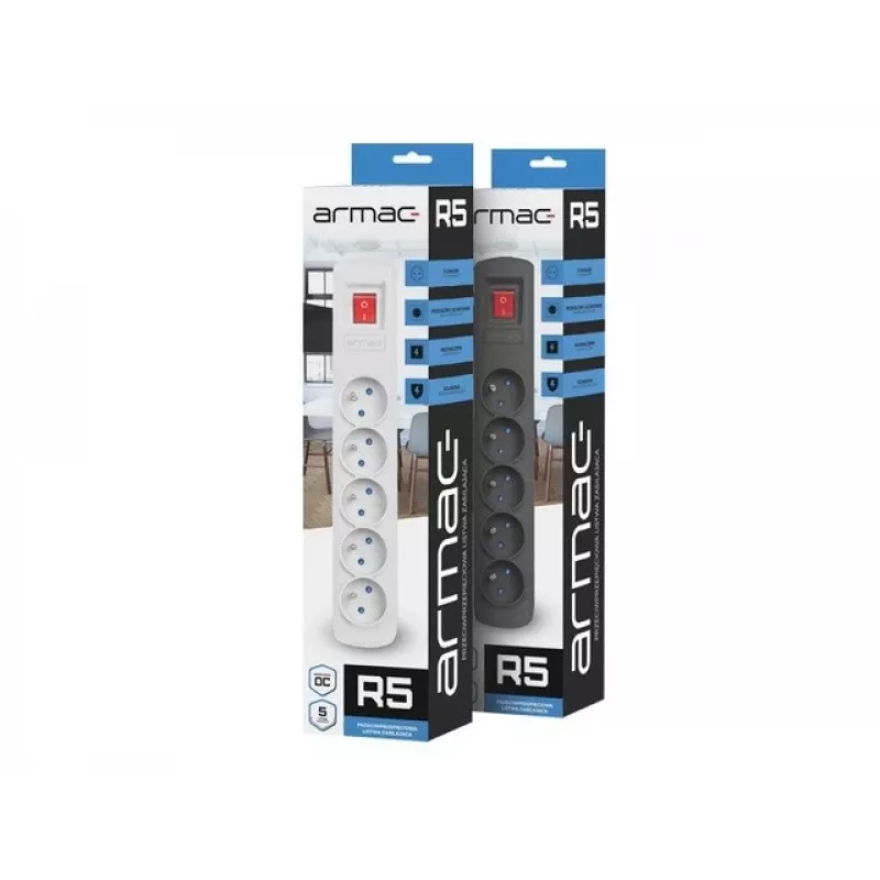 Régua de tomadas ARMAC R5 — 5 tomadas, proteção contra sobretensão, cabo de 3 m, preto